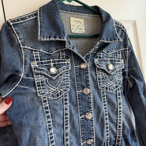 L A Idol Medium Blue Jean Stretchy Jacket Bling Double Stitching - Picture 4 of 6